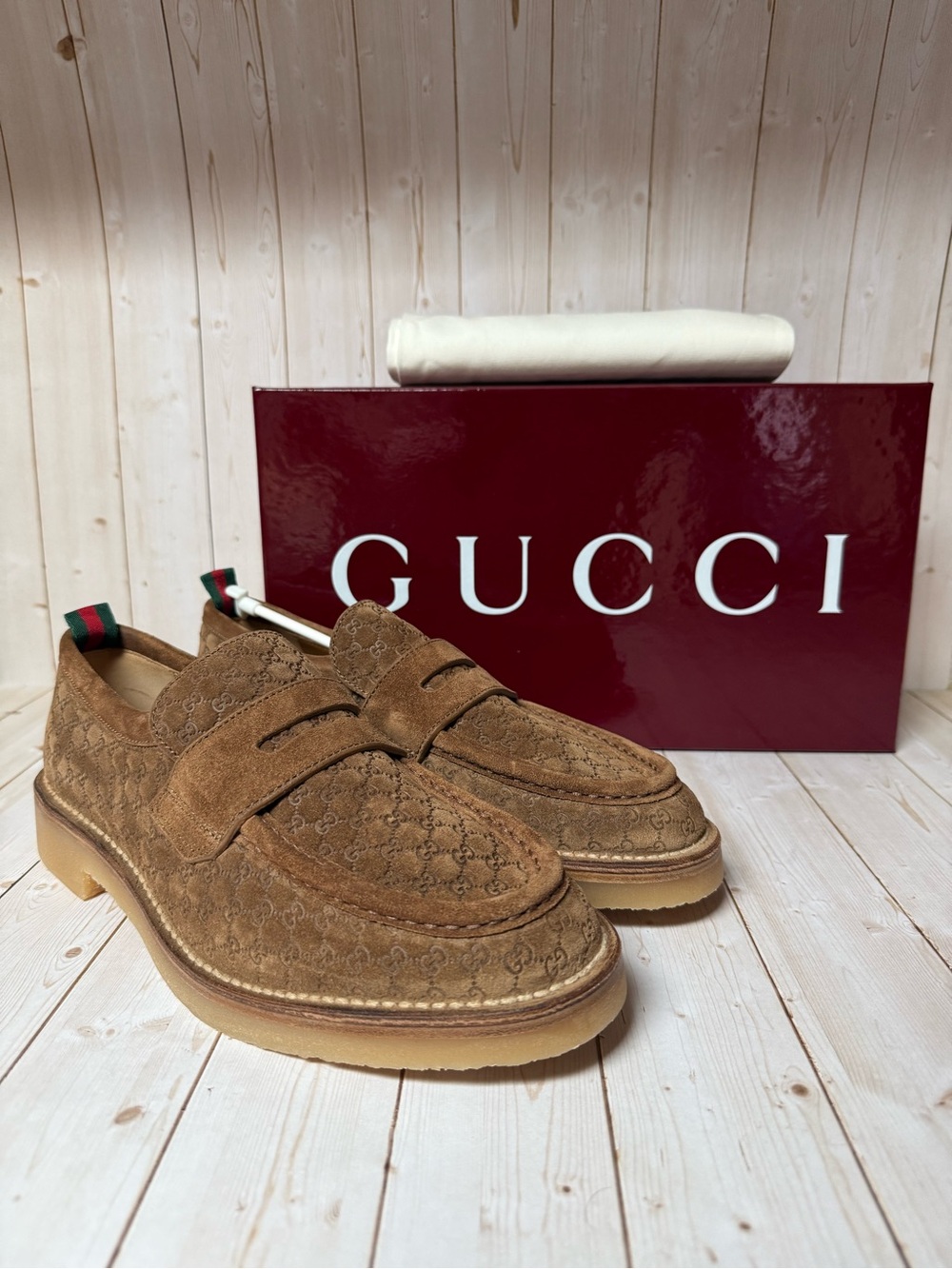 Gucci Luxury Suede Microguccissima Loafers Nocciola Brown Sz 8.5G / 9US